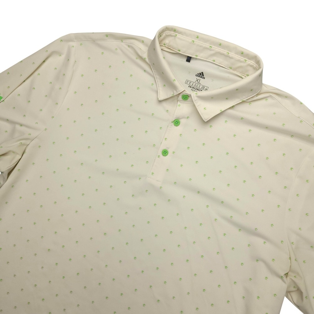 Adidas Primegreen Polo Shirt Mens XL CREAM Palm Tree Print Golf Tropical Stretch